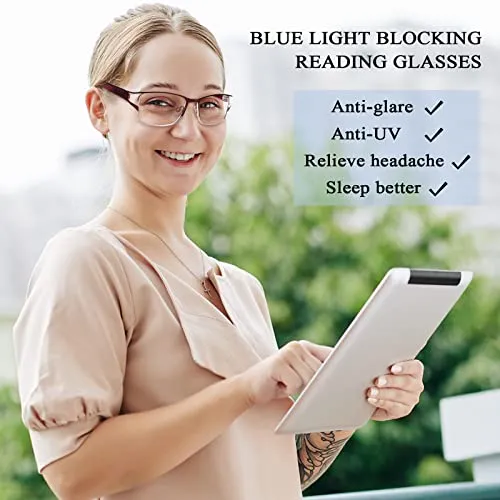 3 Pack Reading Glasses for Women, Fashion Blue light Blocking Metal Frame Reading, Lightweight Spring Hinge Readers (3 Mic C1, 0.00, multiplier_x)
