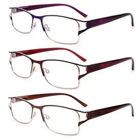 3 Pack Reading Glasses for Women, Fashion Blue light Blocking Metal Frame Reading, Lightweight Spring Hinge Readers (3 Mic C1, 0.00, multiplier_x)