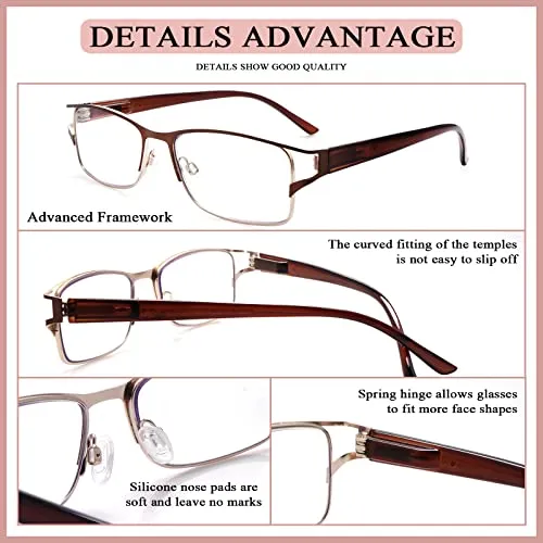 3 Pack Reading Glasses for Women, Fashion Blue light Blocking Metal Frame Reading, Lightweight Spring Hinge Readers (3 Mic C1, 0.00, multiplier_x)