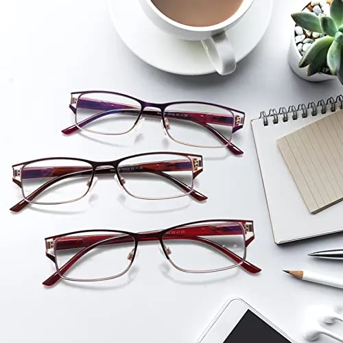 3 Pack Reading Glasses for Women, Fashion Blue light Blocking Metal Frame Reading, Lightweight Spring Hinge Readers (3 Mic C1, 0.00, multiplier_x)