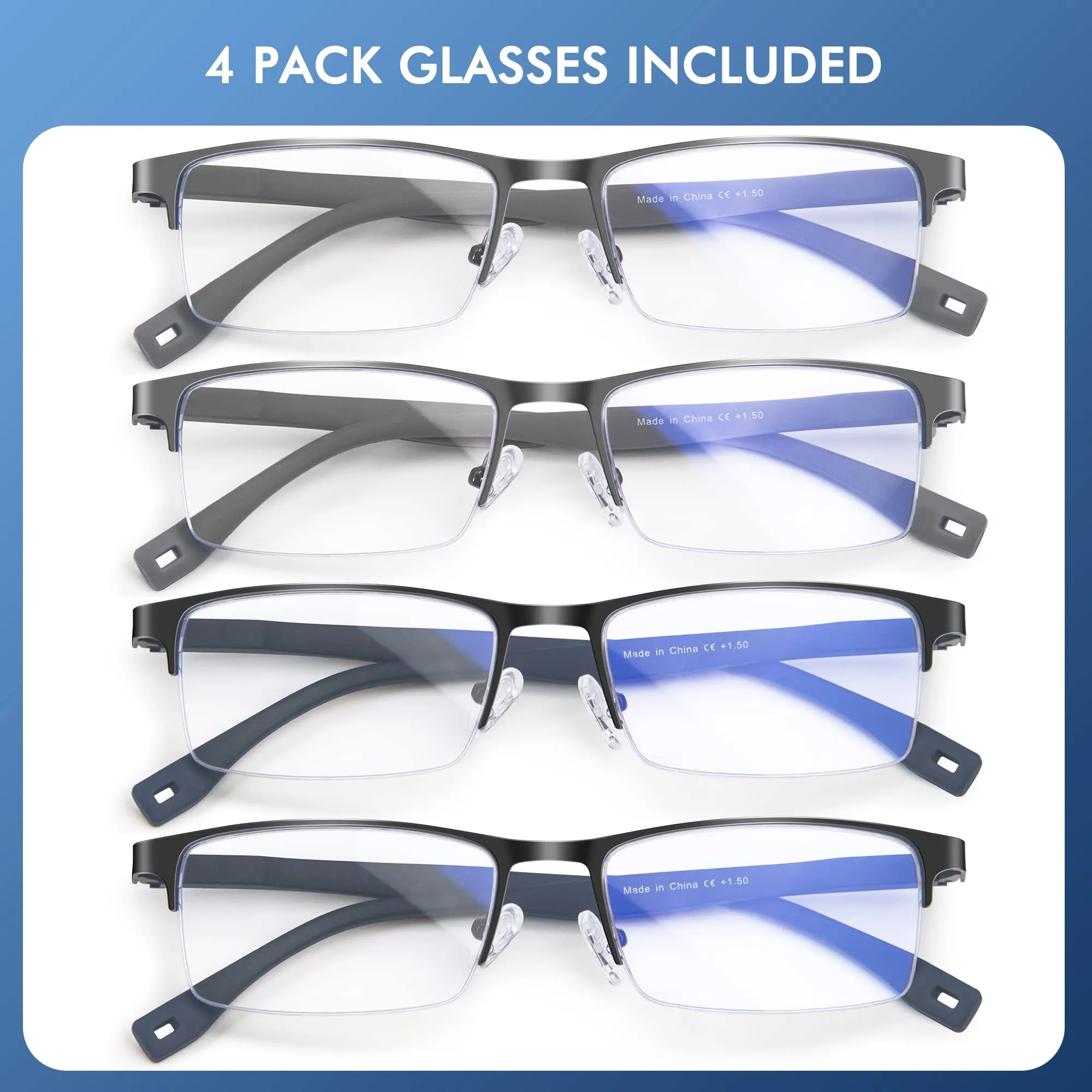 4 Pack Blue Light Blocking Reading Glasses for Men, Half Frame Metal Reader for Men Lightweight Eyeglasses with Spring Hinge 4 Pack (2 Black   2 Gray) 2.0 x