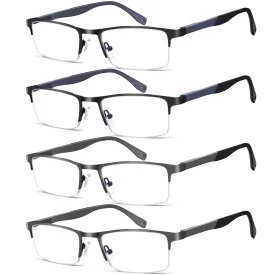 4 Pack Blue Light Blocking Reading Glasses for Men, Half Frame Metal Reader for Men Lightweight Eyeglasses with Spring Hinge 4 Pack (2 Black   2 Gray) 2.0 x