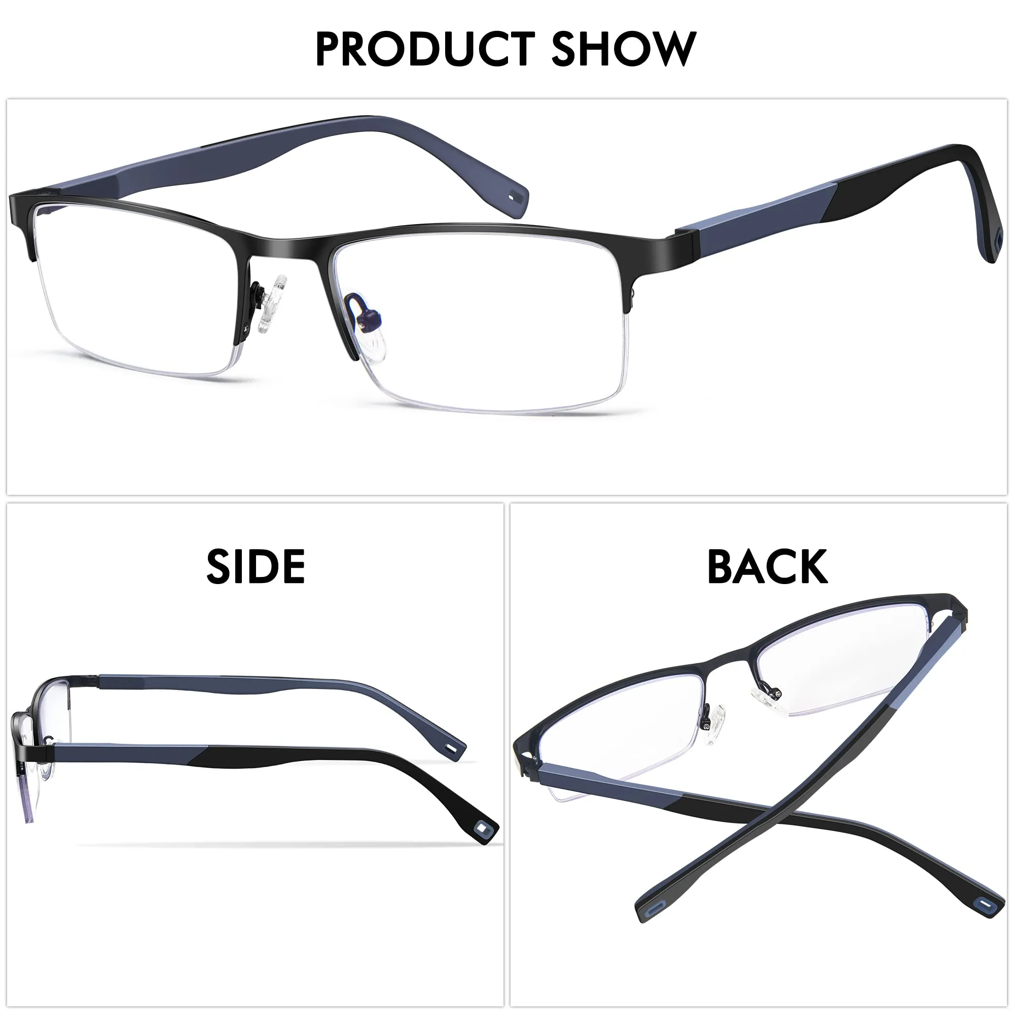 4 Pack Blue Light Blocking Reading Glasses for Men, Half Frame Metal Reader for Men Lightweight Eyeglasses with Spring Hinge 4 Pack (2 Black   2 Gray) 2.0 x