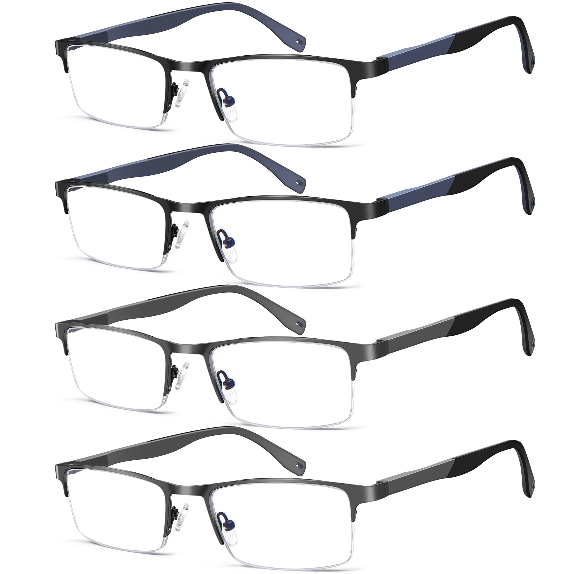 4 Pack Blue Light Blocking Reading Glasses for Men, Half Frame Metal Reader for Men Lightweight Eyeglasses with Spring Hinge 4 Pack (2 Black   2 Gray) 2.0 x