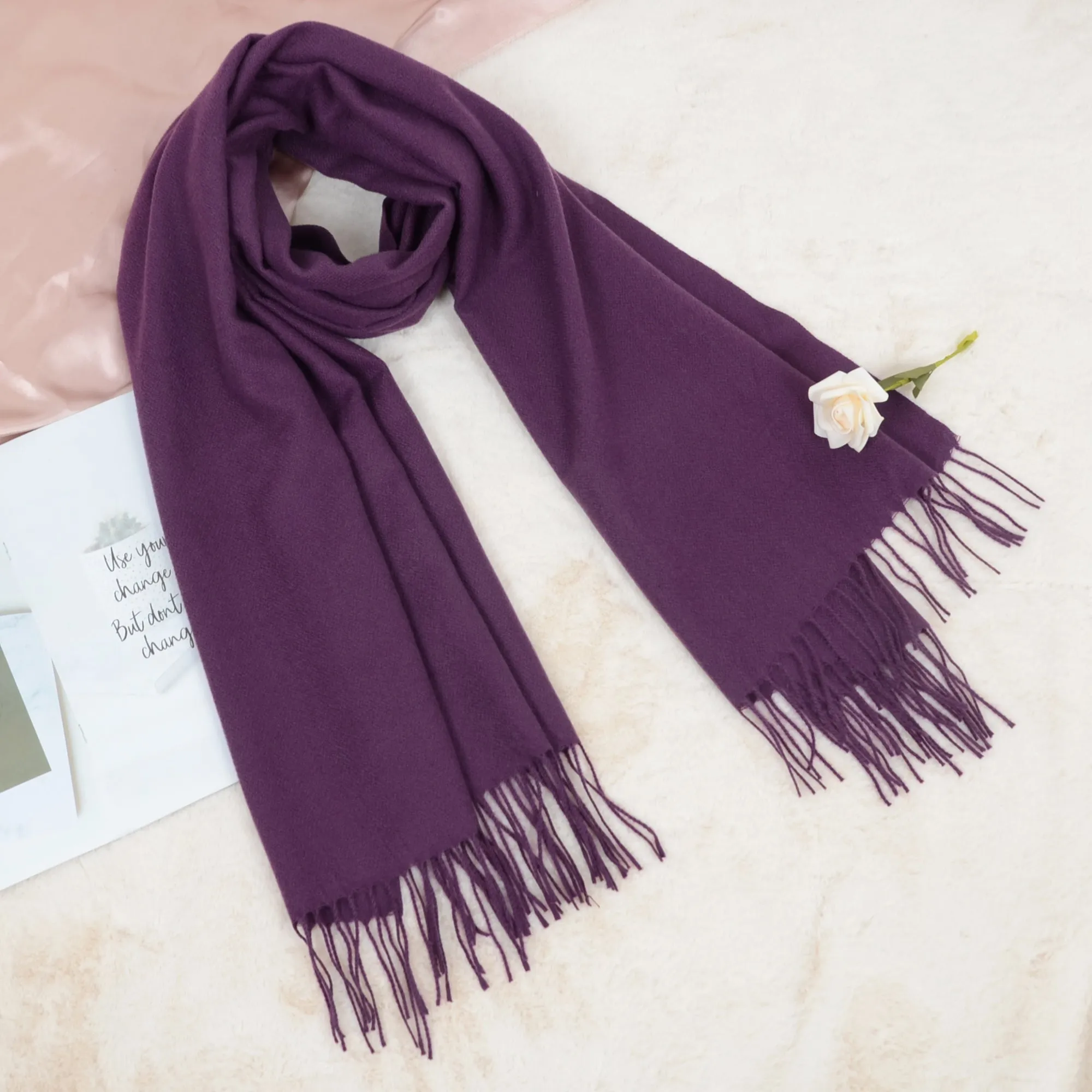 Anna-Kaci Women's Winter Cashmere Feel Scarf Solid Color Classic Fringe Shawls Wrap Scarves for Evening Dresses