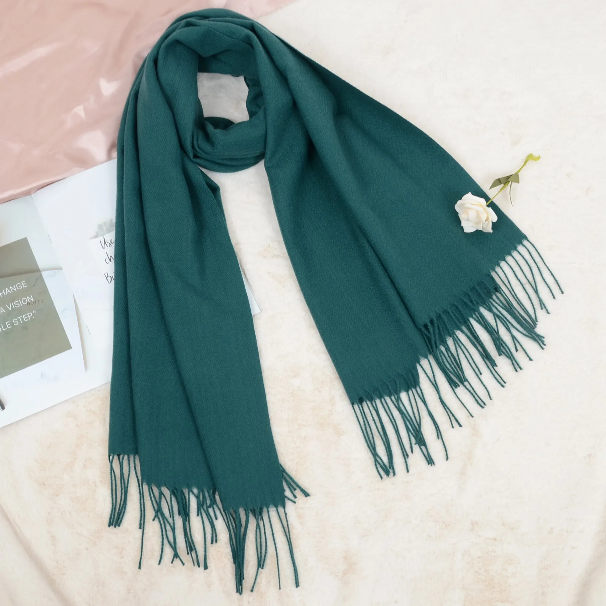 Anna-Kaci Women's Winter Cashmere Feel Scarf Solid Color Classic Fringe Shawls Wrap Scarves for Evening Dresses