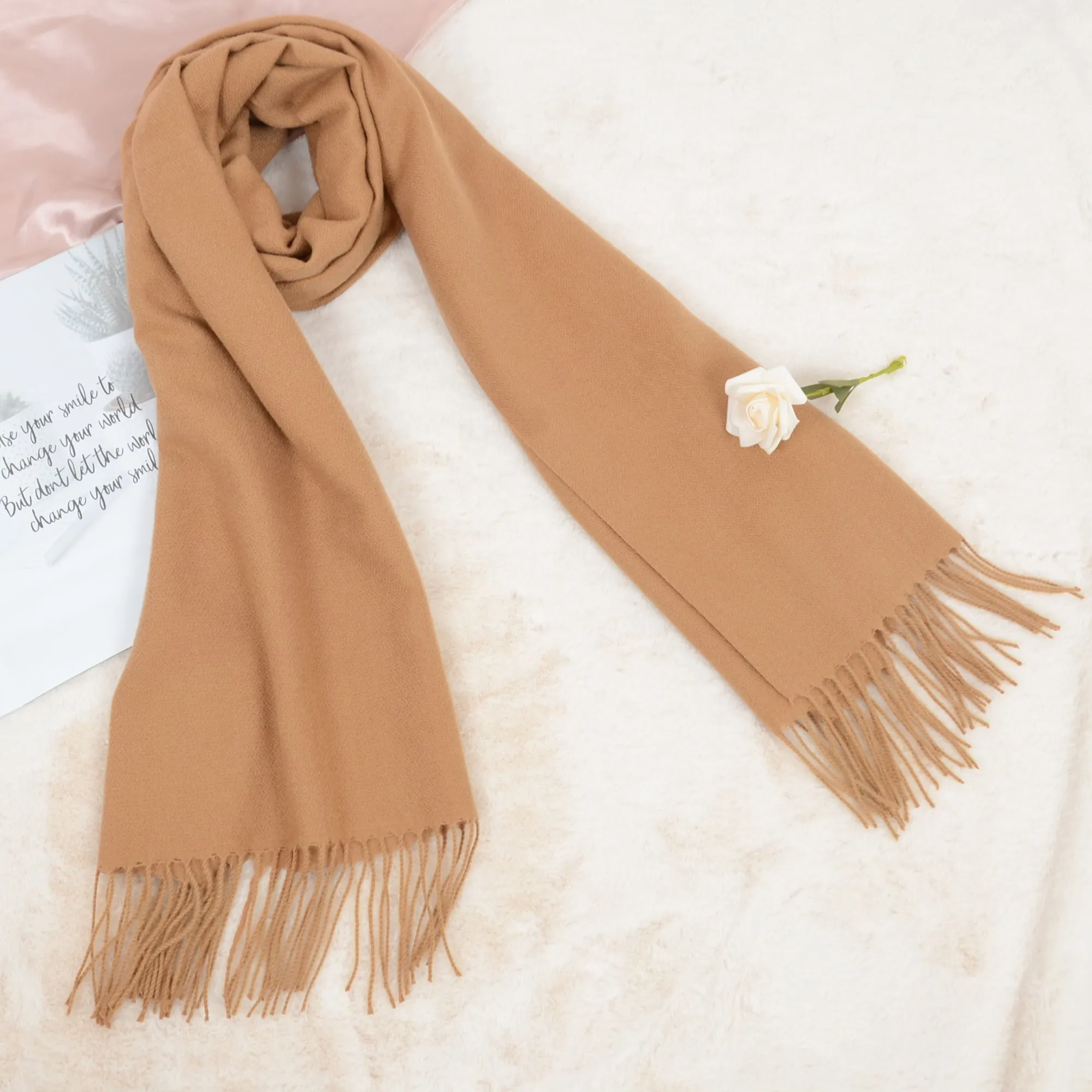 Anna-Kaci Women's Winter Cashmere Feel Scarf Solid Color Classic Fringe Shawls Wrap Scarves for Evening Dresses