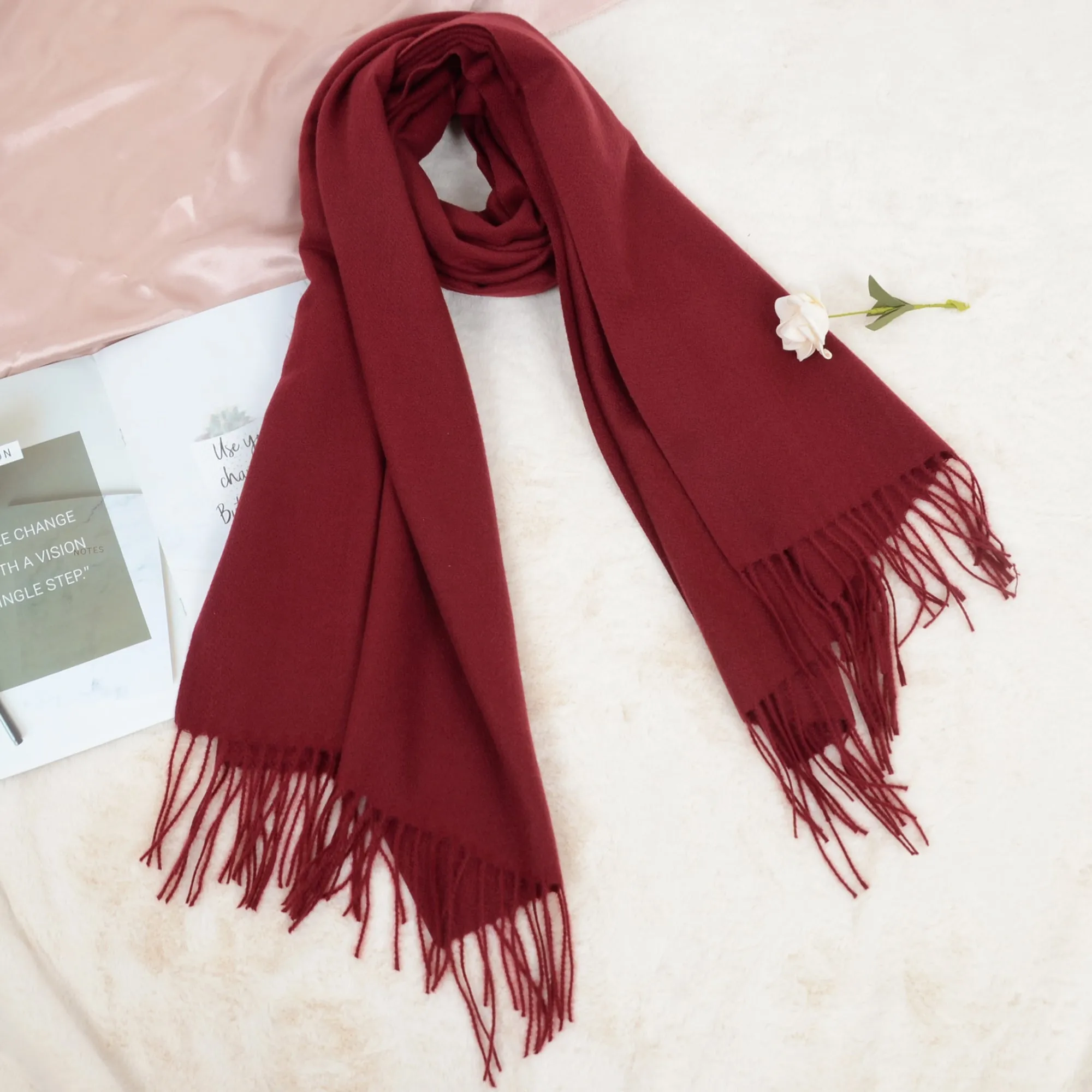 Anna-Kaci Women's Winter Cashmere Feel Scarf Solid Color Classic Fringe Shawls Wrap Scarves for Evening Dresses