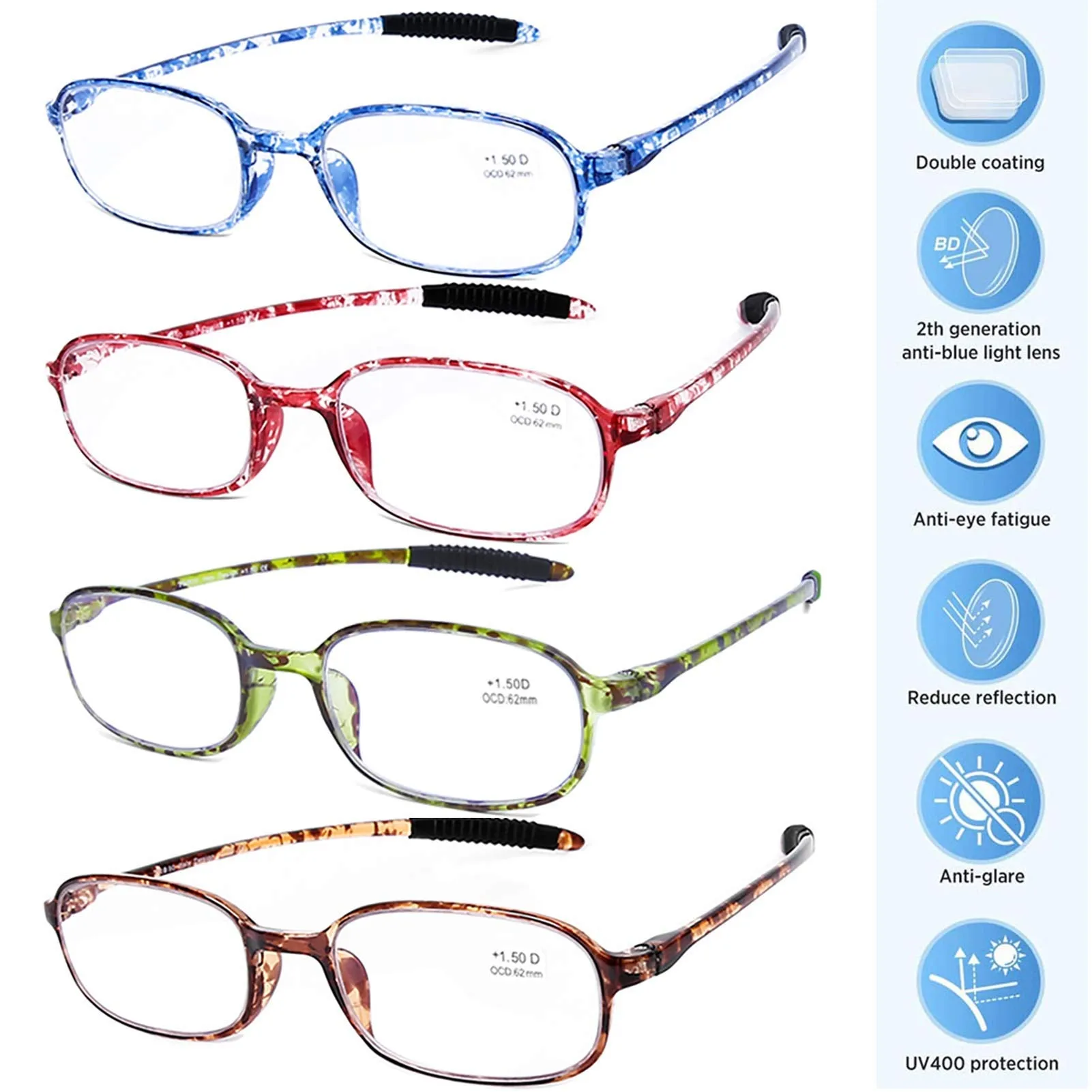 AQWANO 4 Pack Computer Reading Glasses Blue Light Blocking Lightweight TR90 Flexible Frame UV Protection Readers for Women Men  1.0 1.0 x