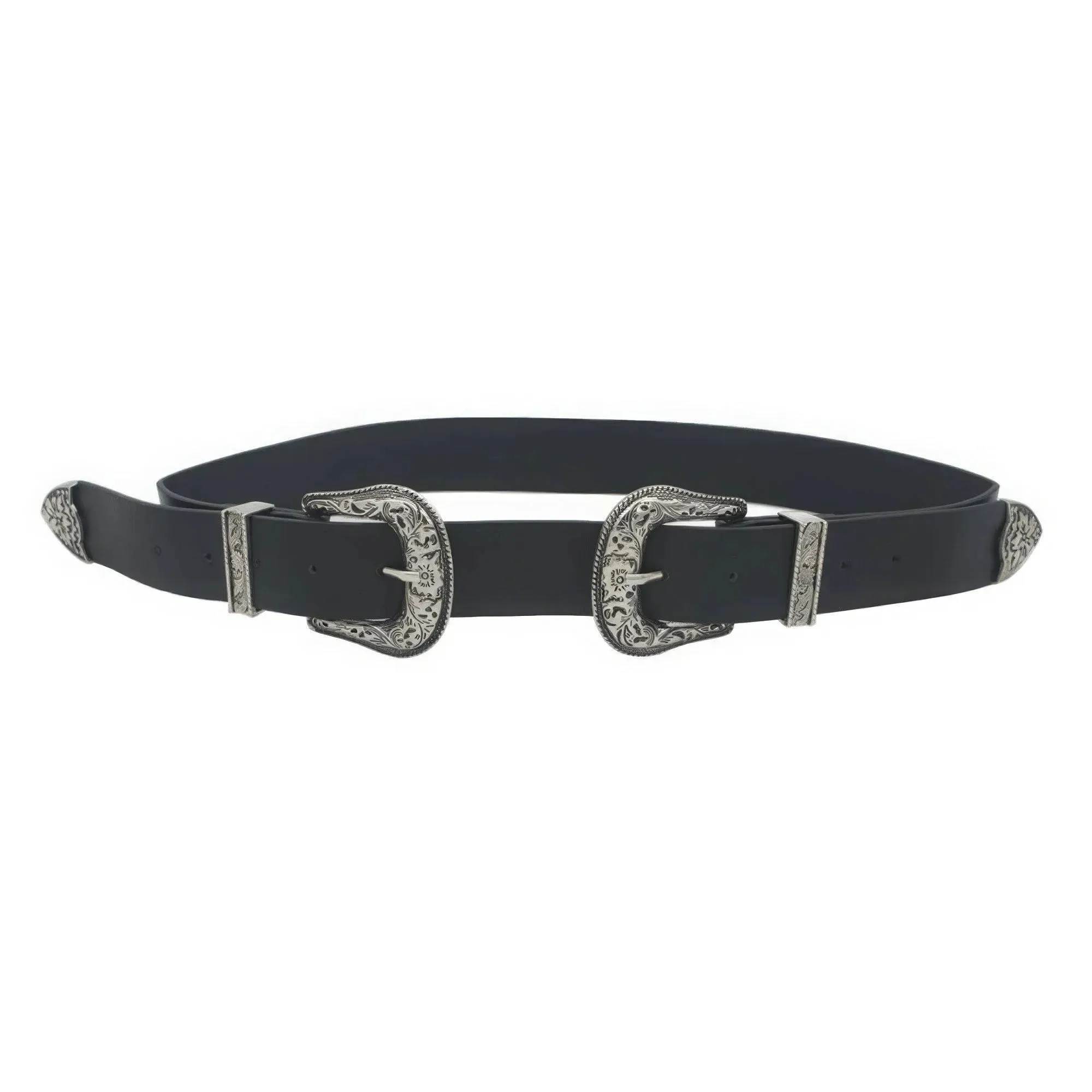 Black Floral Embossed Double Buckle Western Belt