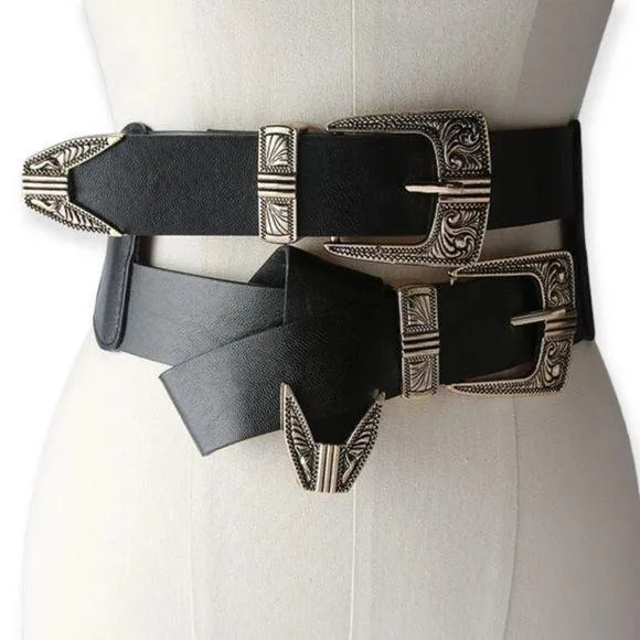 Black Leather Double Straps Gold Ornate Wide Belt