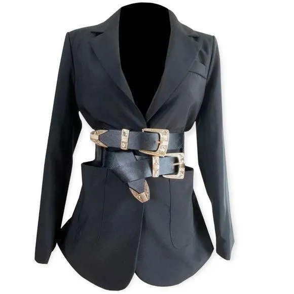 Black Leather Double Straps Gold Ornate Wide Belt
