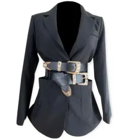 Black Leather Double Straps Gold Ornate Wide Belt