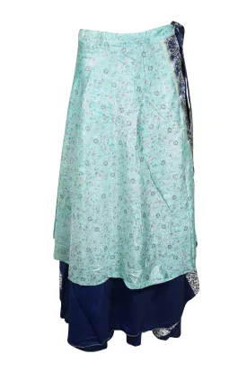 Boho Gypsy Powder Blue Silk Skirt Reversible Wrap around Hippie Skirts Onesize