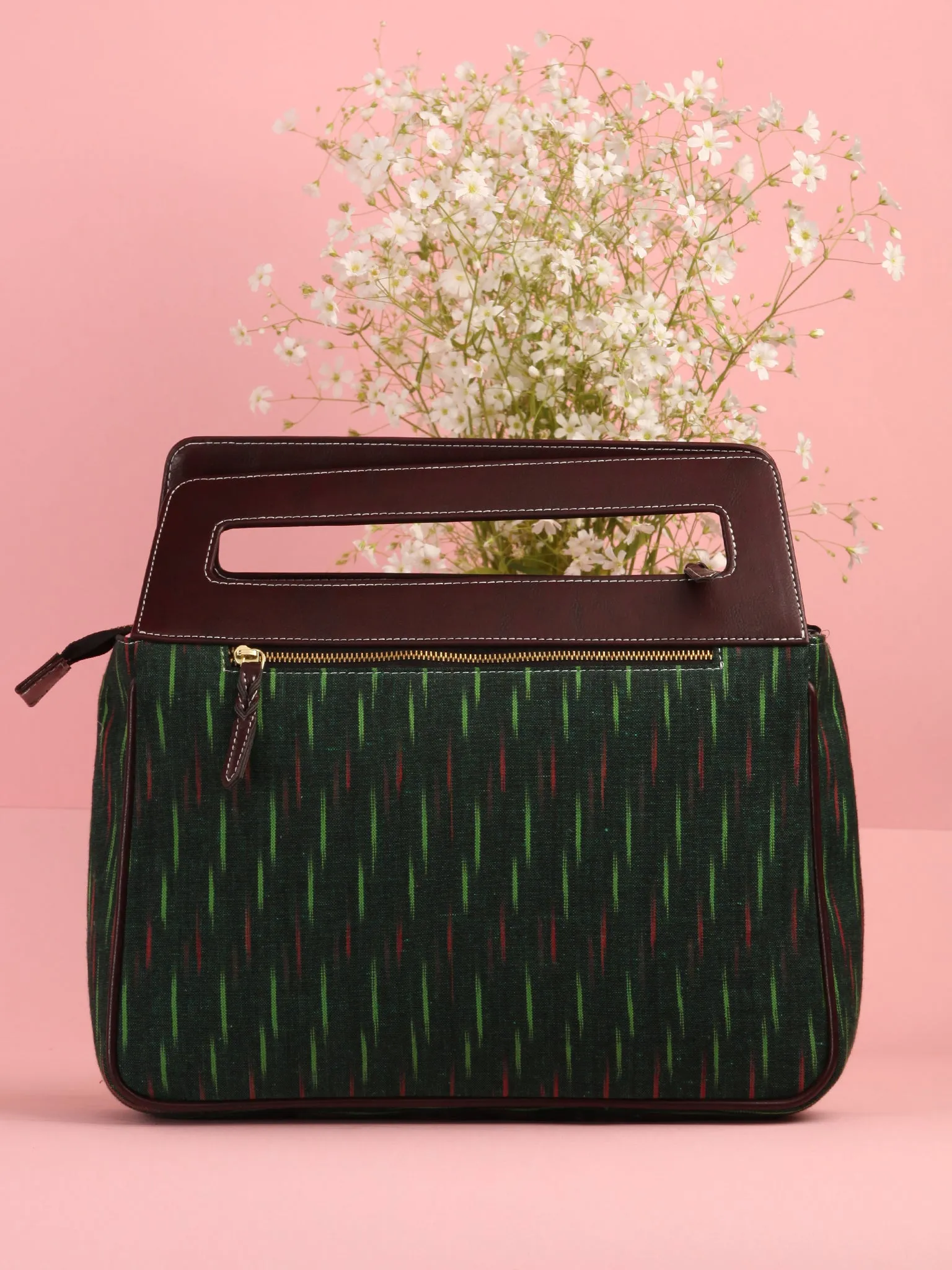Bottle Green Ikat Baguette Bag with Vegan Leather Top Handles - B0906