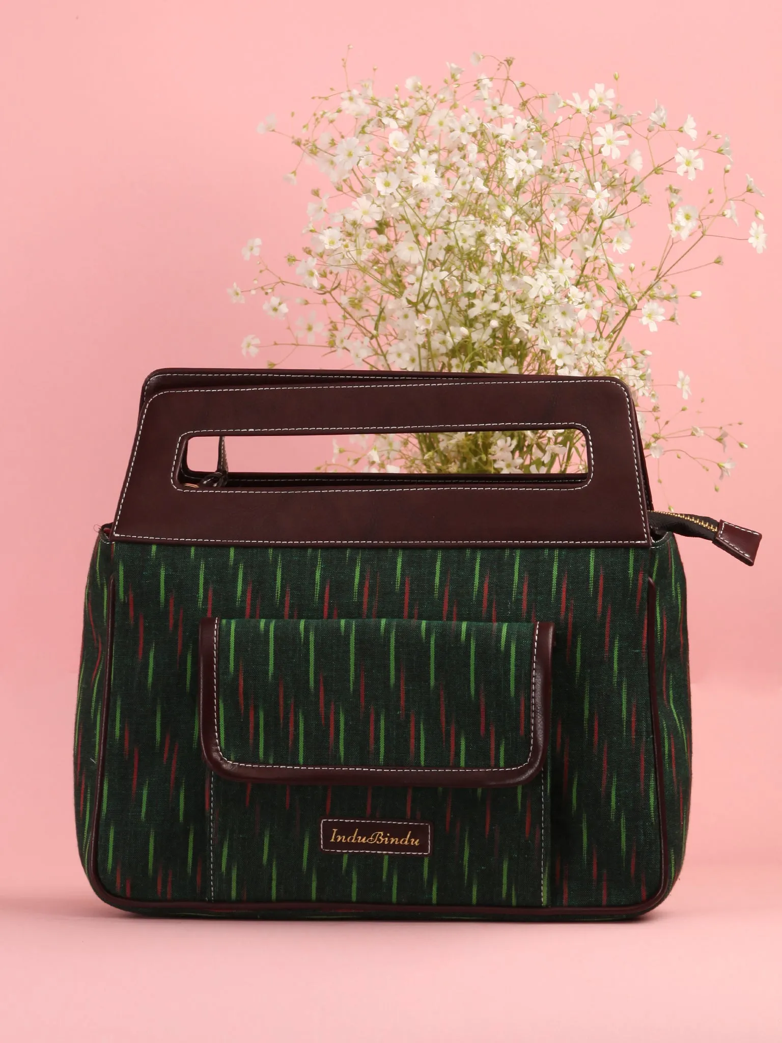 Bottle Green Ikat Baguette Bag with Vegan Leather Top Handles - B0906