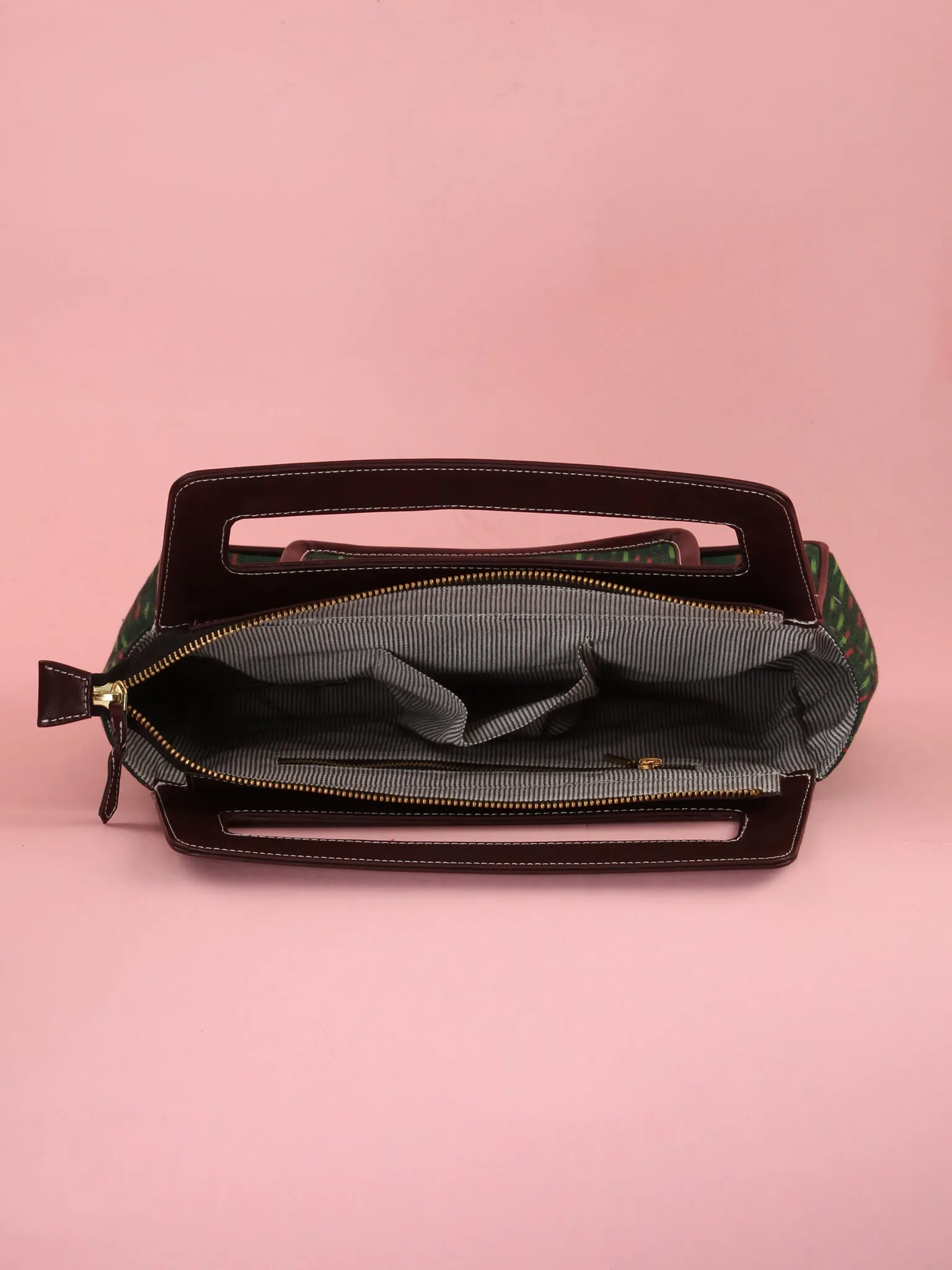 Bottle Green Ikat Baguette Bag with Vegan Leather Top Handles - B0906