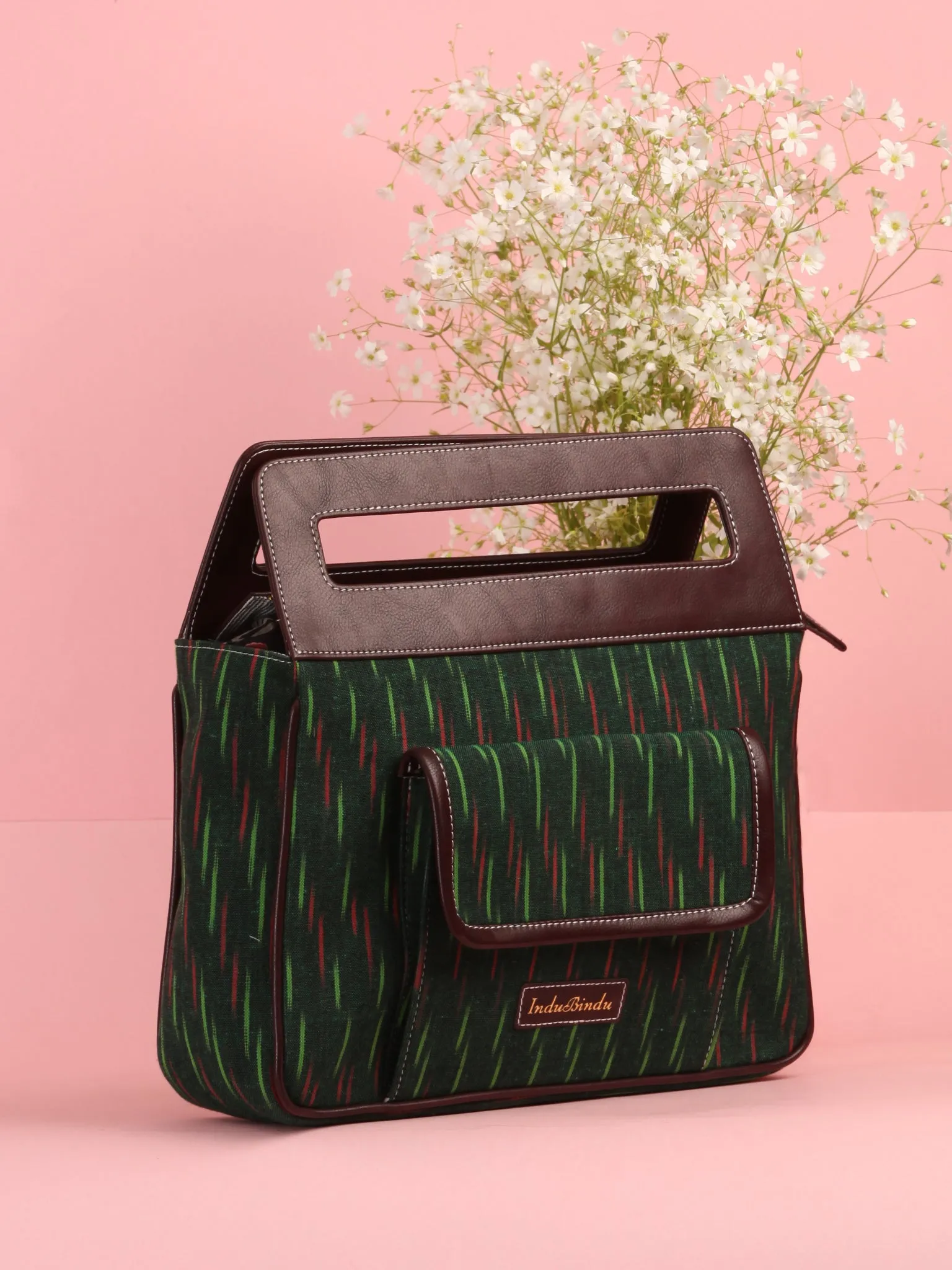 Bottle Green Ikat Baguette Bag with Vegan Leather Top Handles - B0906