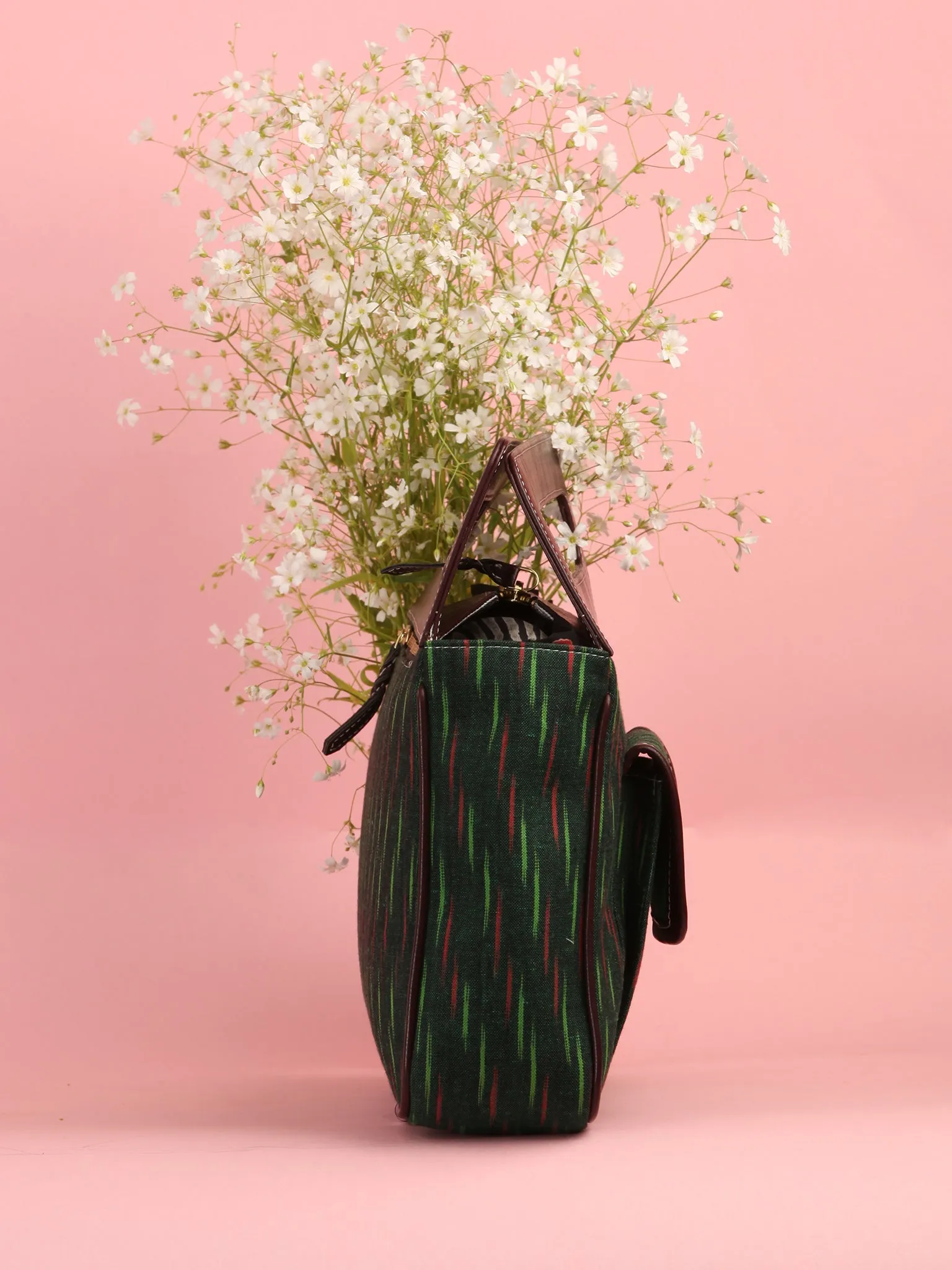 Bottle Green Ikat Baguette Bag with Vegan Leather Top Handles - B0906