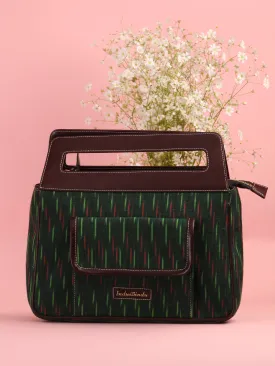 Bottle Green Ikat Baguette Bag with Vegan Leather Top Handles - B0906