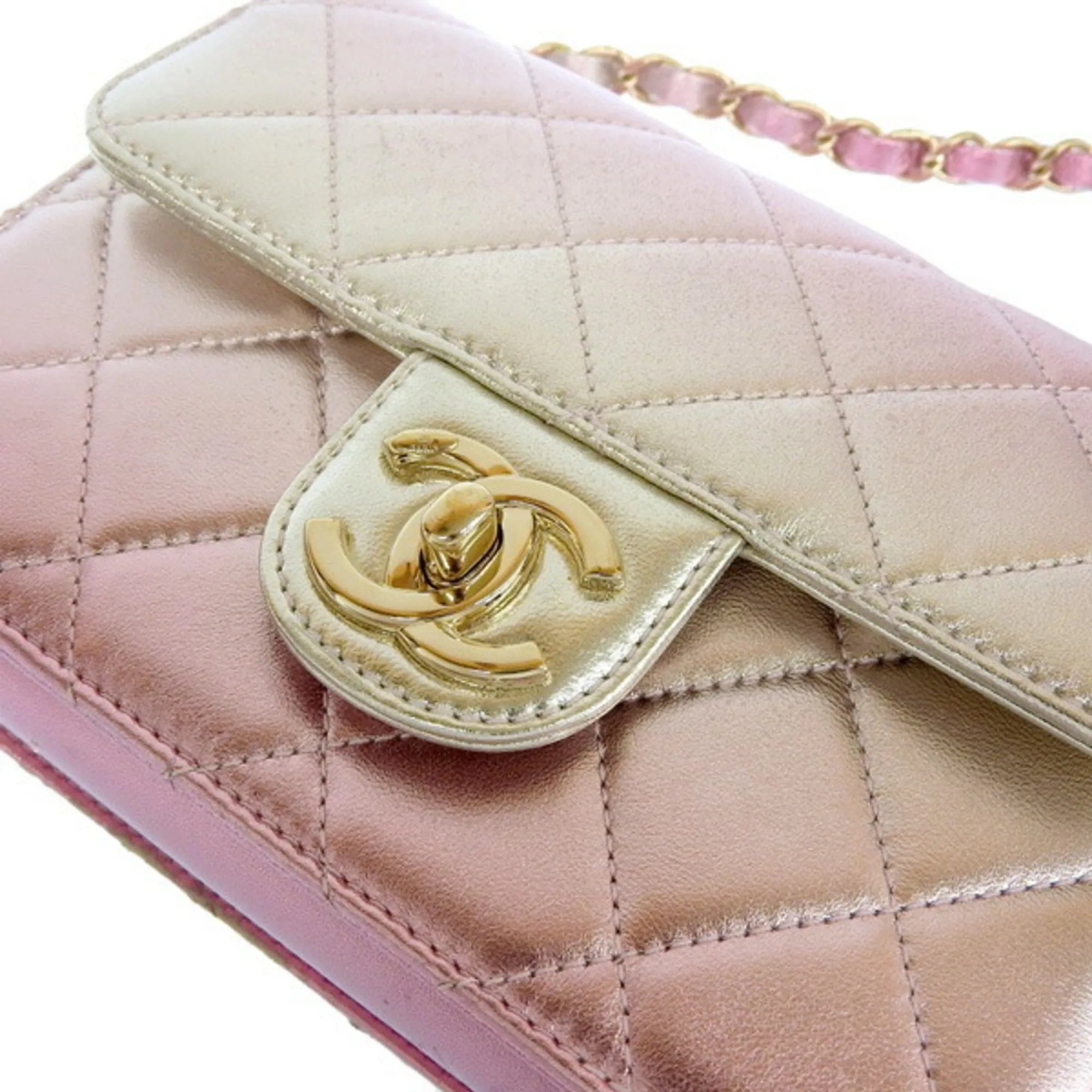 Chanel Leather Matelasse Coco Mark Chain Shoulder Bag Metallic Pink Ladies