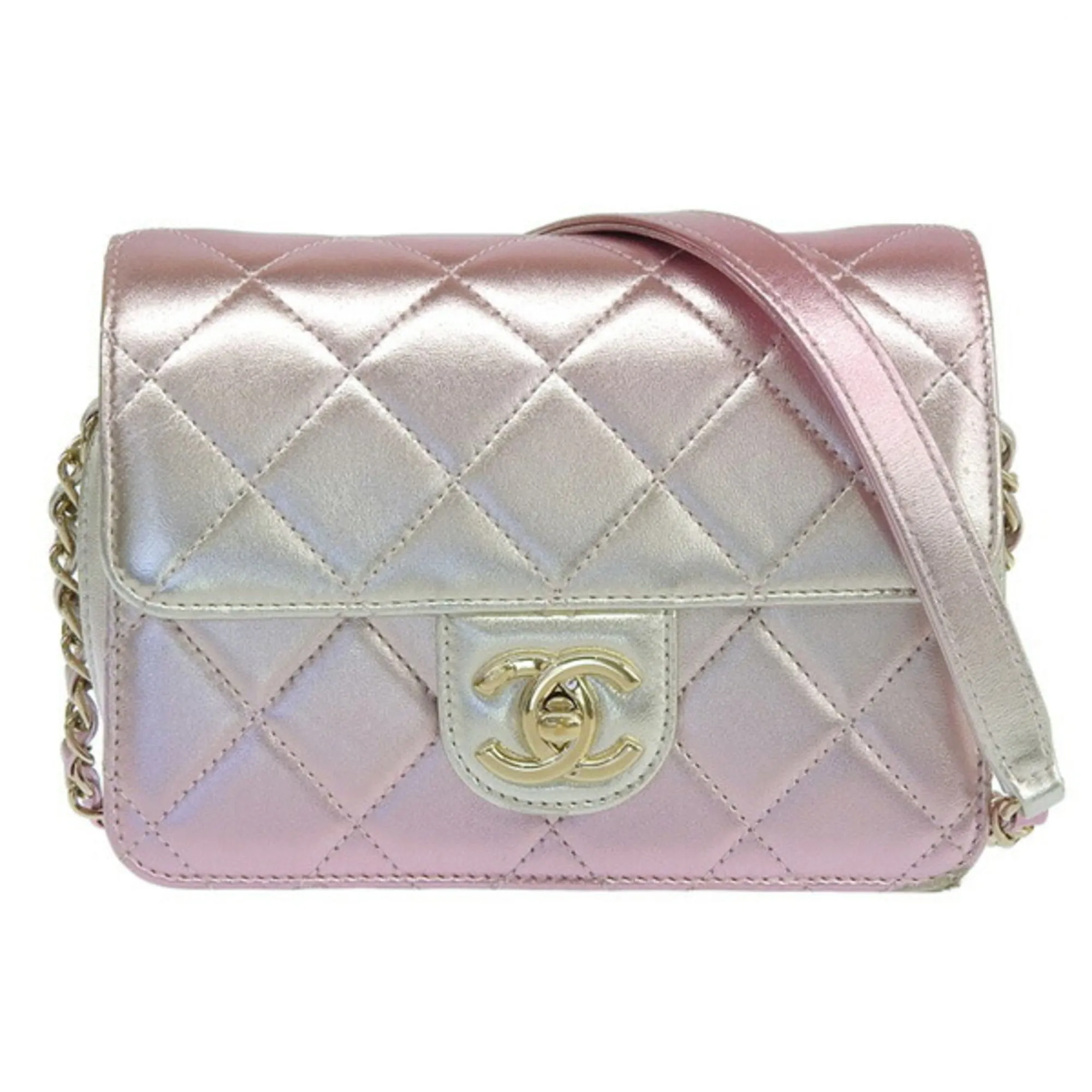 Chanel Leather Matelasse Coco Mark Chain Shoulder Bag Metallic Pink Ladies