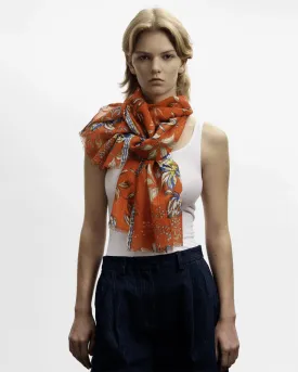 Cttn/Silk Scattered Flowers Scarf in Manderine