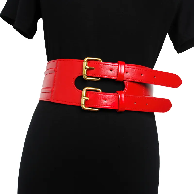Fashion Ladies Wide PU Leather Corset Belt / Cool Double Breasted Waistband