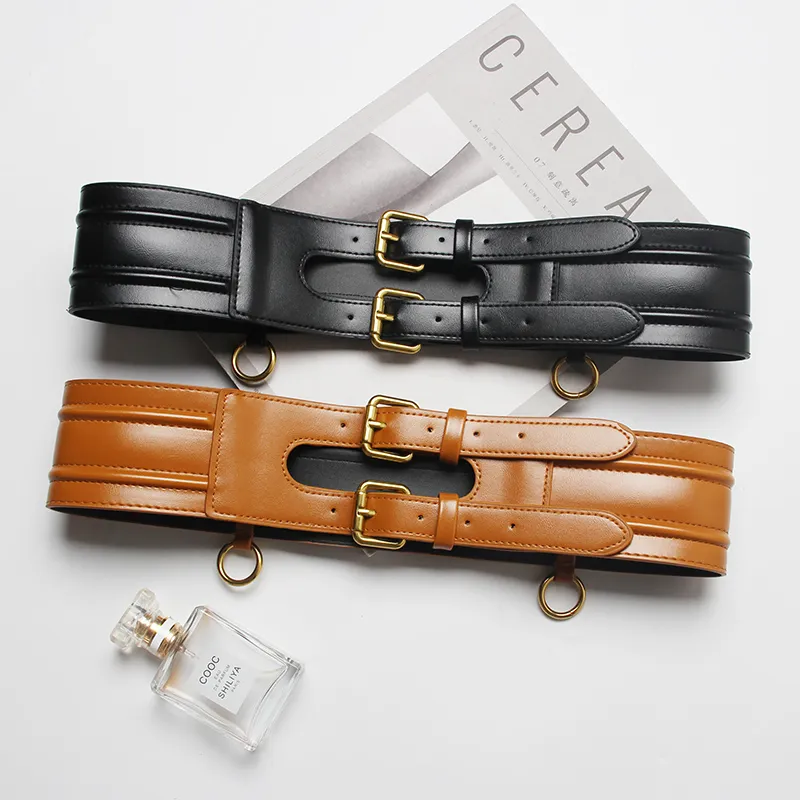 Fashion Ladies Wide PU Leather Corset Belt / Cool Double Breasted Waistband