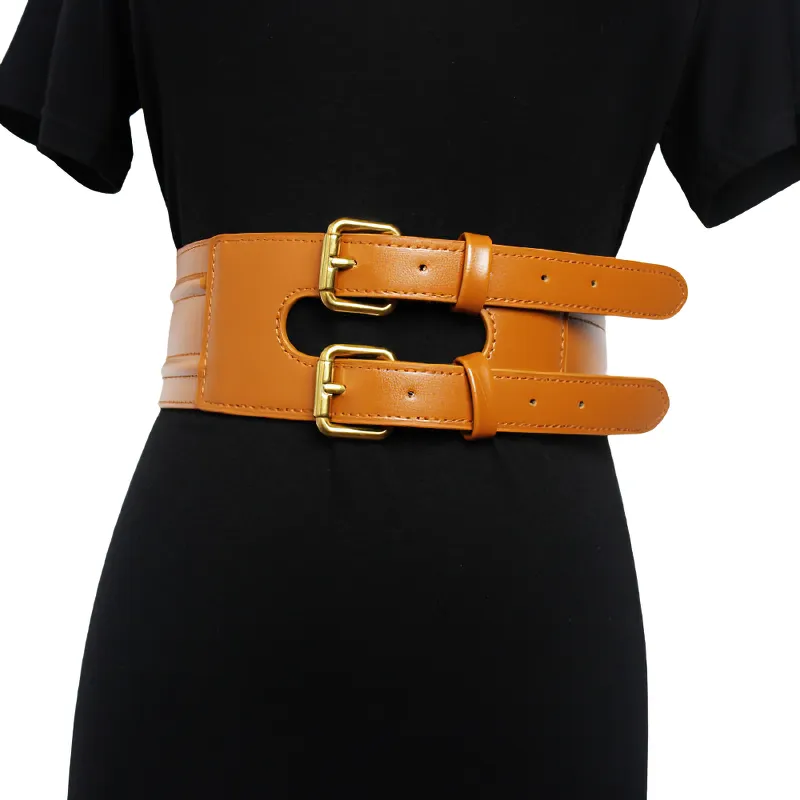 Fashion Ladies Wide PU Leather Corset Belt / Cool Double Breasted Waistband