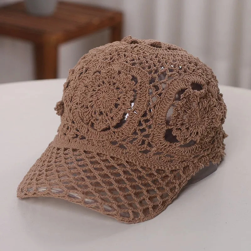 Hand Woven Baseball cap Women Handmade Flower Hollowed Thin Cap