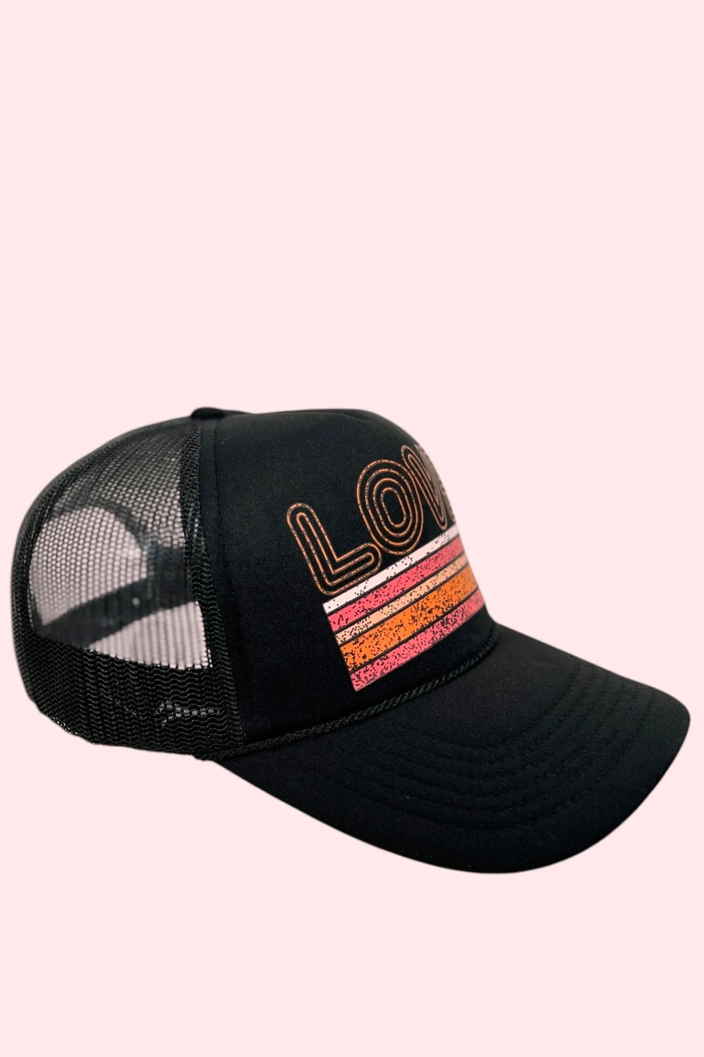 Love Striped Foam Trucker Hat Black