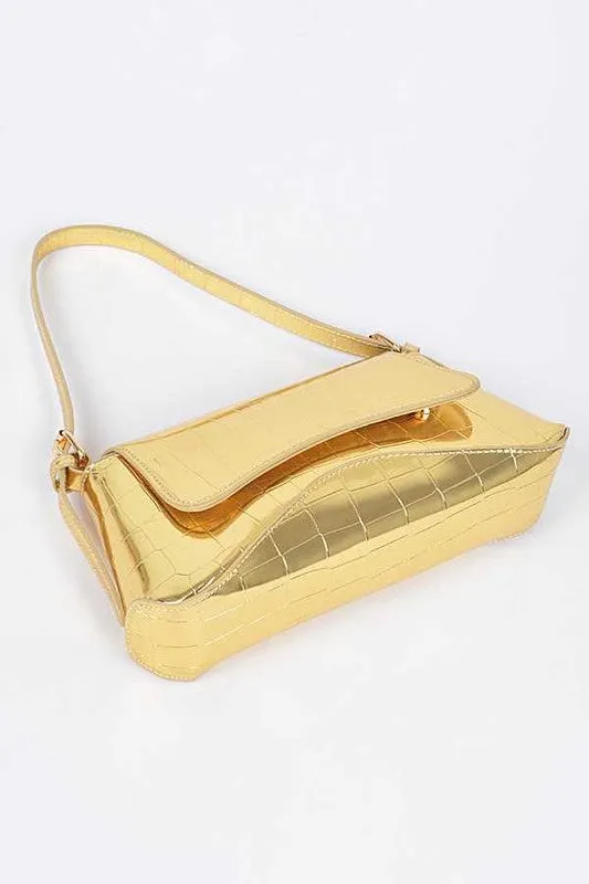 Metallic Croc Embossed Shoulder Bag