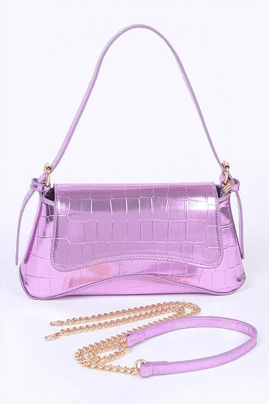 Metallic Croc Embossed Shoulder Bag