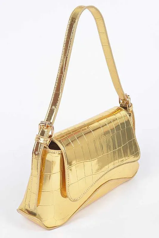 Metallic Croc Embossed Shoulder Bag