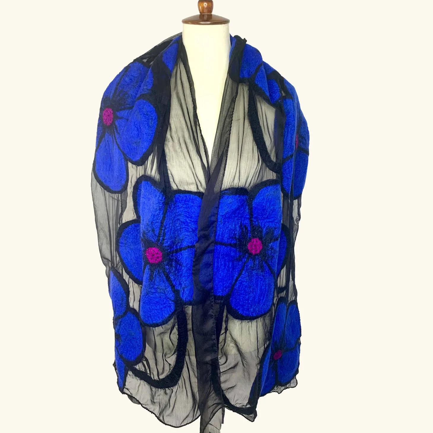 Midnight Floral Blue Floral  Merino Wool and Chiffon Silk Scarf