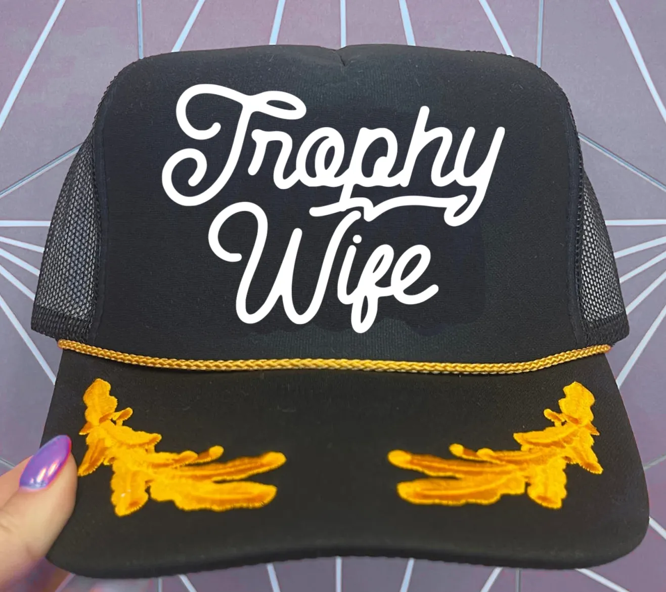 Trophy Wife Trucker Cap/ Funny Trucker Hats/ Black Hat Leaves