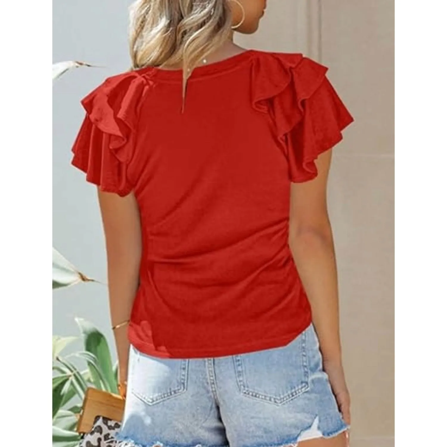 Women's Ruffle Sleeve Tops - Casual Summer V-Neck Tees