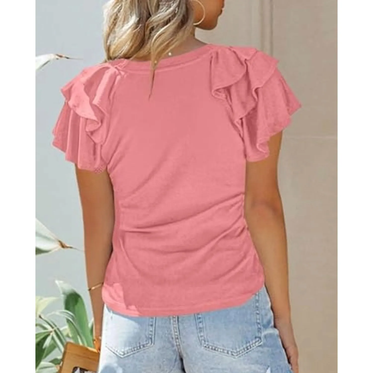Women's Ruffle Sleeve Tops - Casual Summer V-Neck Tees