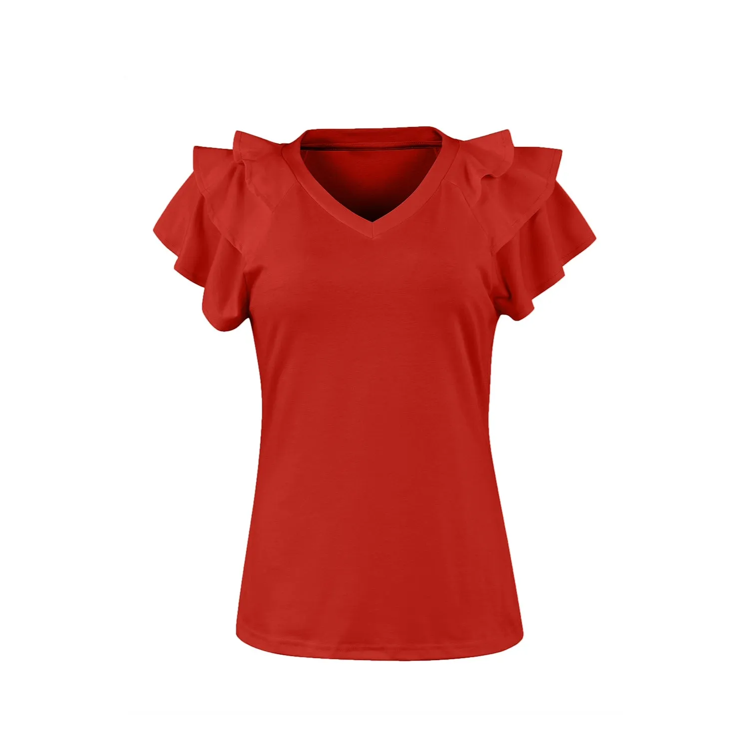 Women's Ruffle Sleeve Tops - Casual Summer V-Neck Tees
