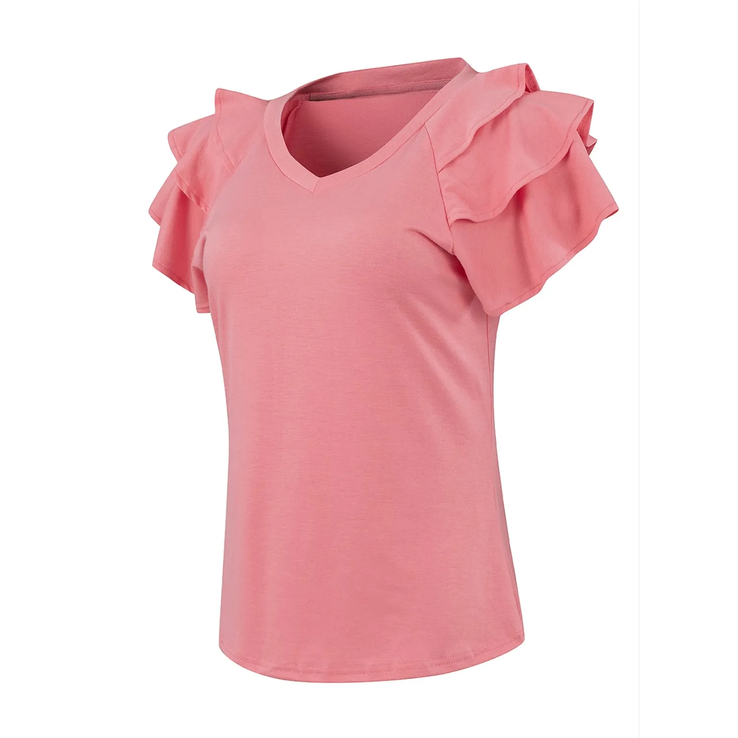 Women's Ruffle Sleeve Tops - Casual Summer V-Neck Tees