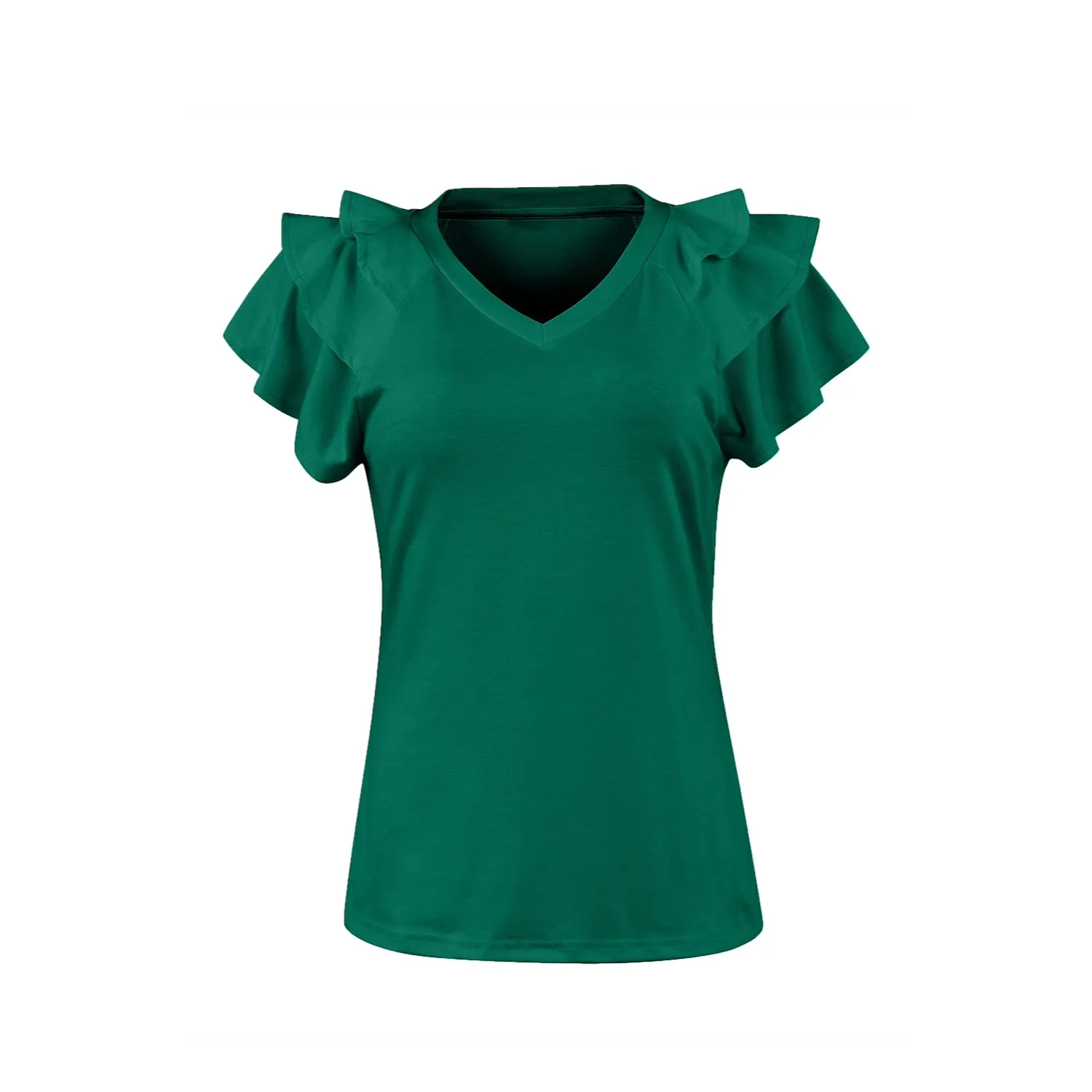 Women's Ruffle Sleeve Tops - Casual Summer V-Neck Tees