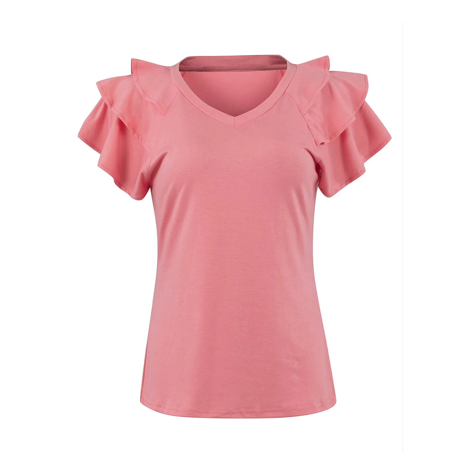 Women's Ruffle Sleeve Tops - Casual Summer V-Neck Tees